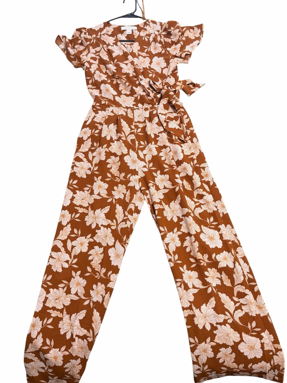 Monteau Rust Floral Wide-Leg Jumpsuit with White Print